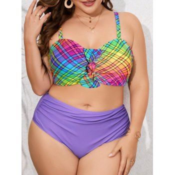 

Plus Size Tankini Swimwear Colored Plaid Print Bowknot Swimsuit Ruched Padded Tummy Control Bathing Suit, Multicolor a