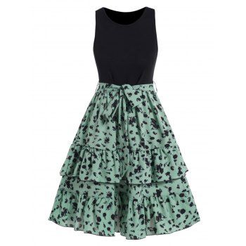 

Flower Print Dress Colorblock Layered High Waisted Belted Sleeveless A Line Mini Dress, Multicolor a