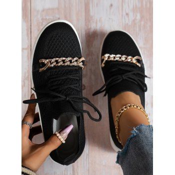 

Rhinestone Twisted Chain Embellishment Lace Up Casual Shoes, Black