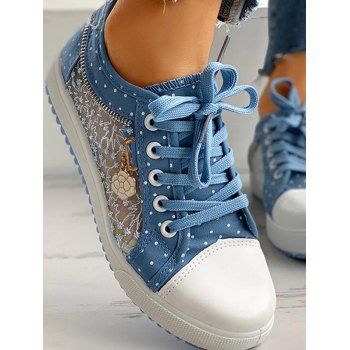 Polka Dots Lace Panel Rose Embellishment Lace Up Flat Platform Canvas Shoes