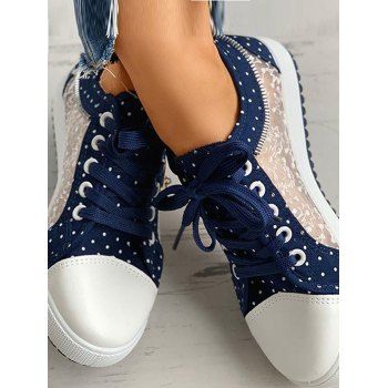 

Polka Dots Lace Panel Rose Embellishment Lace Up Flat Platform Canvas Shoes, Cadetblue