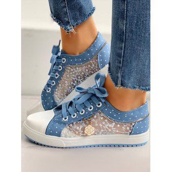 

Polka Dots Lace Panel Rose Embellishment Lace Up Flat Platform Canvas Shoes, Light blue