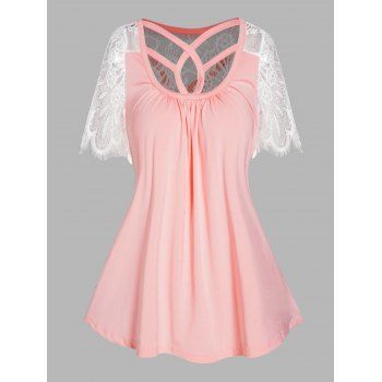 

Sheer Floral Lace Panel Crisscross Short Sleeve T-shirt, Light pink