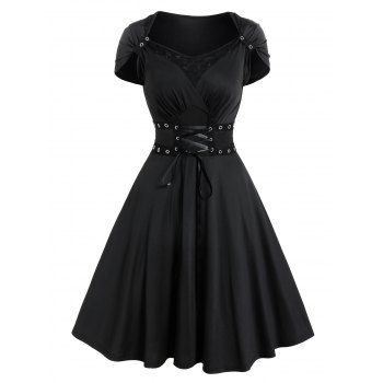 

Gothic Dress Solid Color Grommet Lace Up Lace Panel High Waisted Dress Surplice A Line Mini Dress, Black