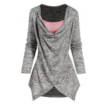 

Contrast Colorblock Faux Twinset Top Long Sleeve Asymmetric Crossover 2 In 1 Top, Gray