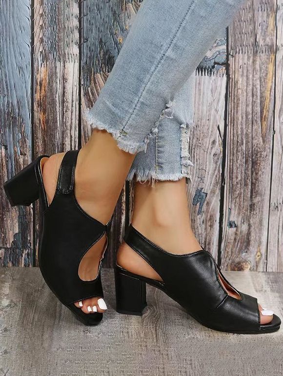 Plain Color Cut Out Chunky Heels Outdoor Sandals - Noir EU 37