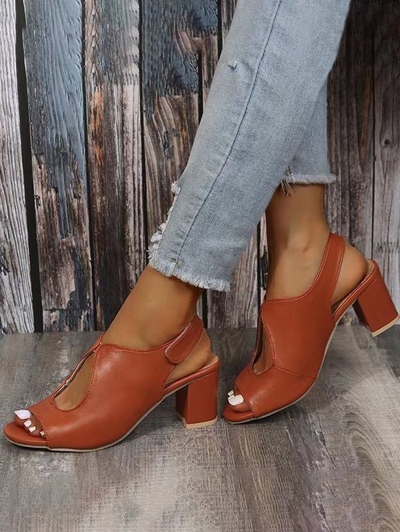 Plain Color Cut Out Chunky Heels Outdoor Sandals - Brun Légère EU 39