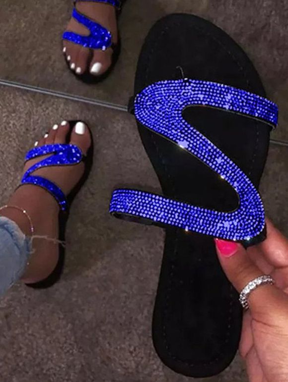 Sparkly Rhinestone S Shape Open Toe Flat Sandals - Bleu EU 43