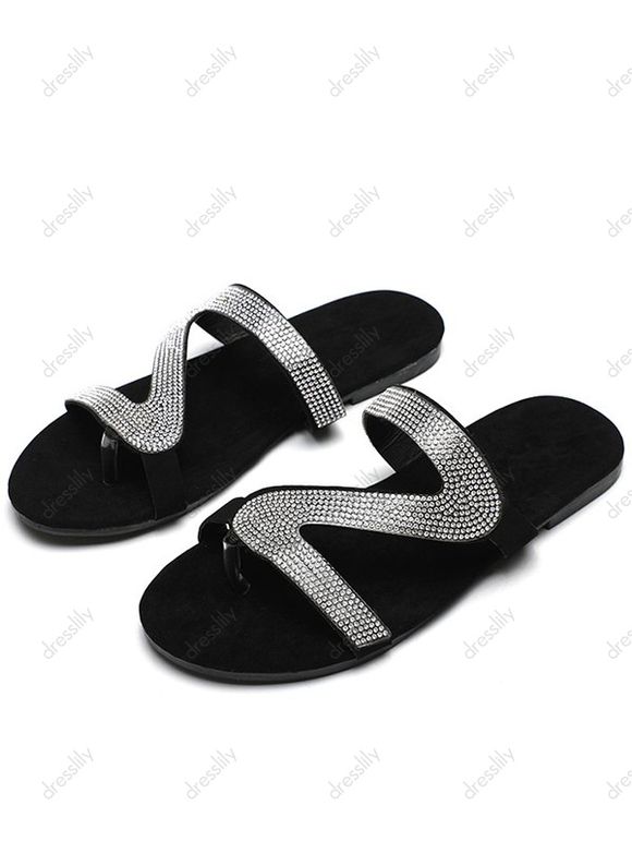Sparkly Rhinestone S Shape Open Toe Flat Sandals - Argent EU 36