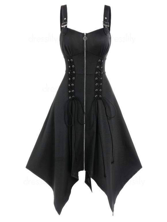 Gothic Dress Zipper Front Grommet Lace Up Midi Dress Adjustable Strap Empire Waist Handkerchief Dress - BLACK M