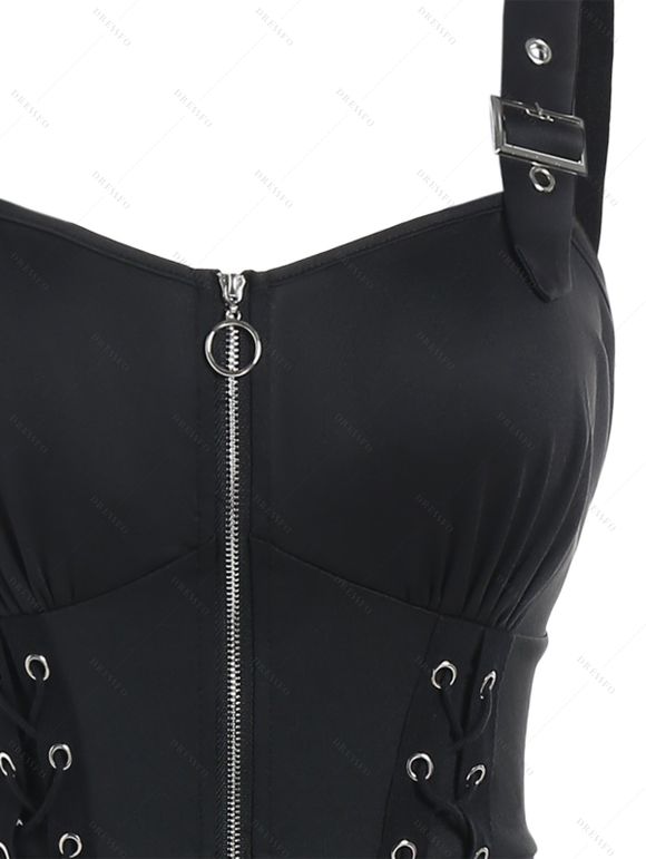Robe Mouchoir Gothique Zippée en Avant à Bretelle Ajustable à Taille Empire avec Œillet - Noir S