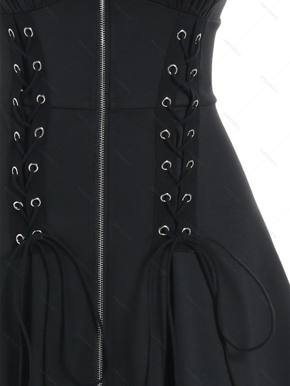 Robe Mouchoir Gothique Zippée en Avant à Bretelle Ajustable à Taille Empire avec Œillet - Noir S