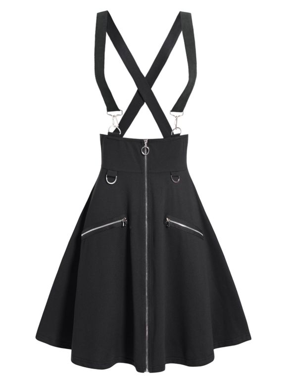 Plain Color Suspender Skirt Zipper Fly A Line Midi Suspender Skirt - BLACK XXL