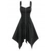 Gothic Dress Zipper Front Grommet Lace Up Midi Dress Adjustable Strap Empire Waist Handkerchief Dress - BLACK M