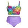 Plus Size Tankini Swimwear Colored Plaid Print Bowknot Swimsuit Ruched Padded Tummy Control Bathing Suit - multicolor A 3XL