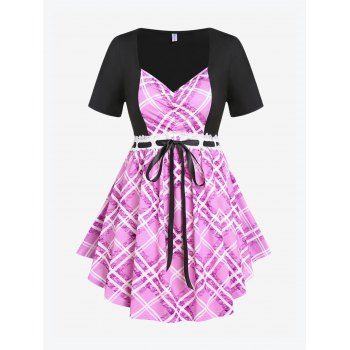 

Plus Size Lace Panel Plaid Short Sleeves Tee, Light purple