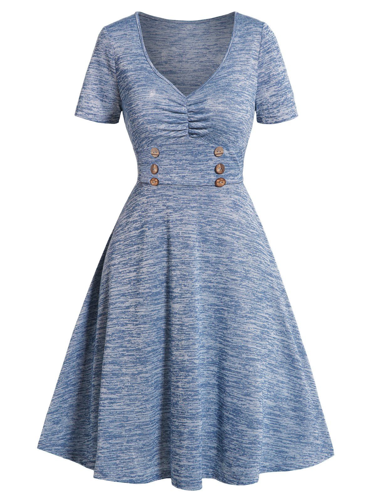 Space Dye Dress Empire Waist Mock Button Ruched Short Sleeve A Line Mini Dress - LIGHT BLUE XXL