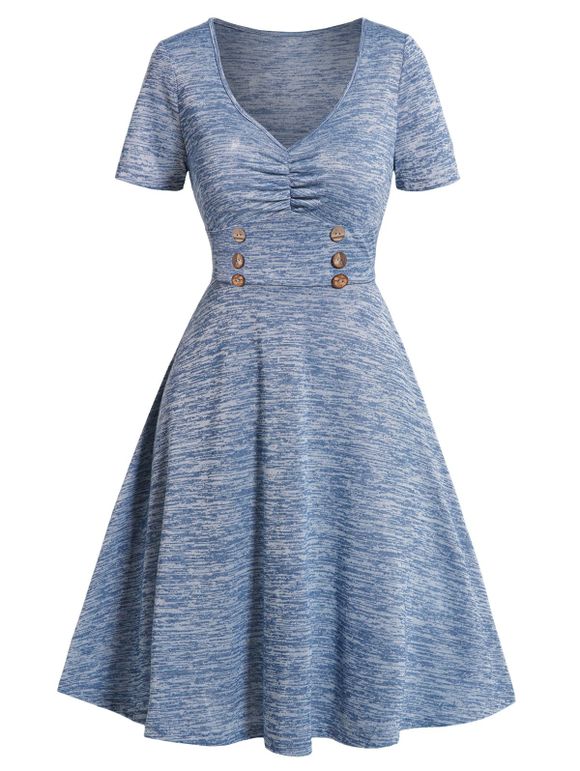 Space Dye Dress Empire Waist Mock Button Ruched Short Sleeve A Line Mini Dress - LIGHT BLUE S