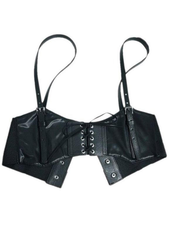 Ceinture Corset en Cuir PU avec Lacets et Boutons de Pression Élastique - Noir 