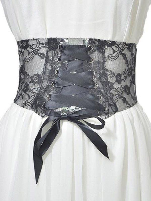 Flower Lace Elastic Wide Waist Lace Up Trendy Belt - BLACK 