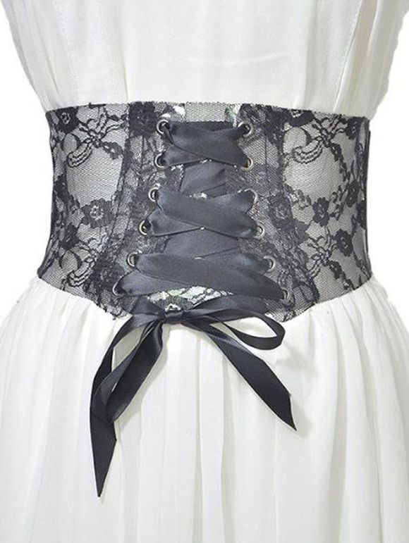 Ceinture Elastique Large en Dentelle Florale à Lacets - Noir 