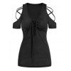 Cold Shoulder Crossover Short Sleeve T-shirt Cinched Ruched Bust V Neck Tee - BLACK S