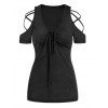 Cold Shoulder Crossover Short Sleeve T-shirt Cinched Ruched Bust V Neck Tee - BLACK XXL