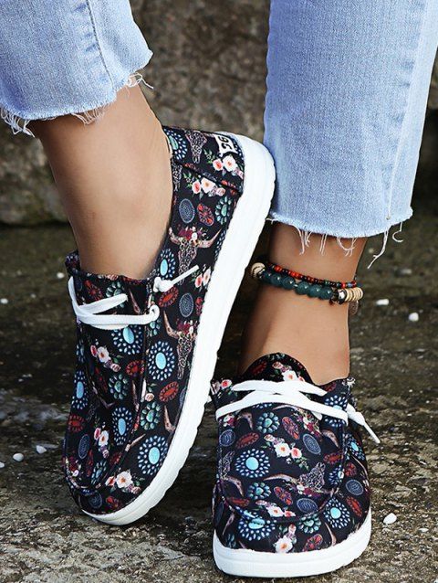 Flower Print Lace Up Slip On Flat Shoes
