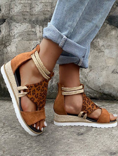 Animal Print Zip Up Cut Out Open Toe Wedge Sandals
