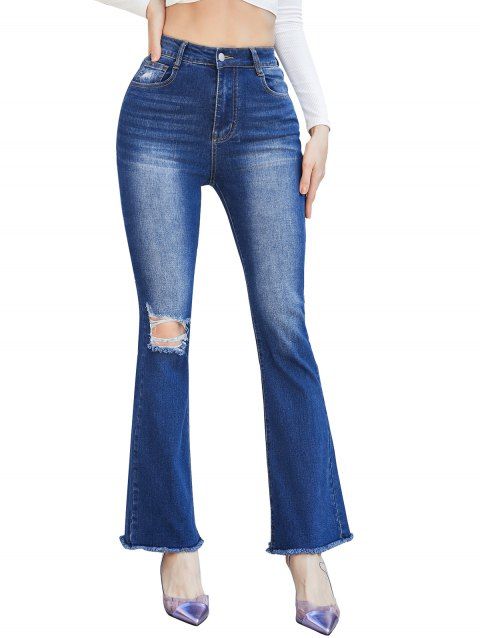 Ripped Flare Jeans Frayed Hem Zipper Fly Pockets Dark Wash High Waisted Denim Pants