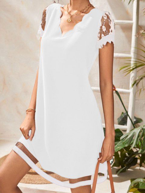 Flower Lace Panel Dress Plain Color Scalloped V Neck Short Sleeve A Line Mini Dress