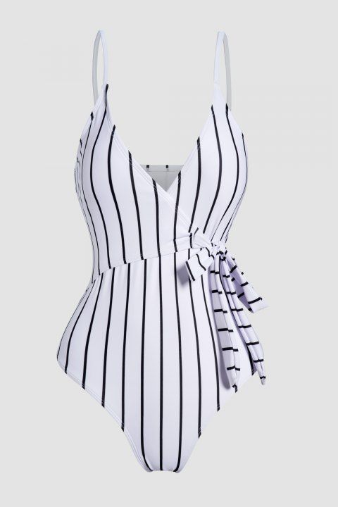 Vertical Striped Print One-piece Swimsuit Tied Side Swimwear Padded Beach Bathing Suit