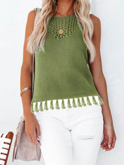 Plain Color Knitted Tank Top Hollow Out Tassel Casual Knit Tank Top