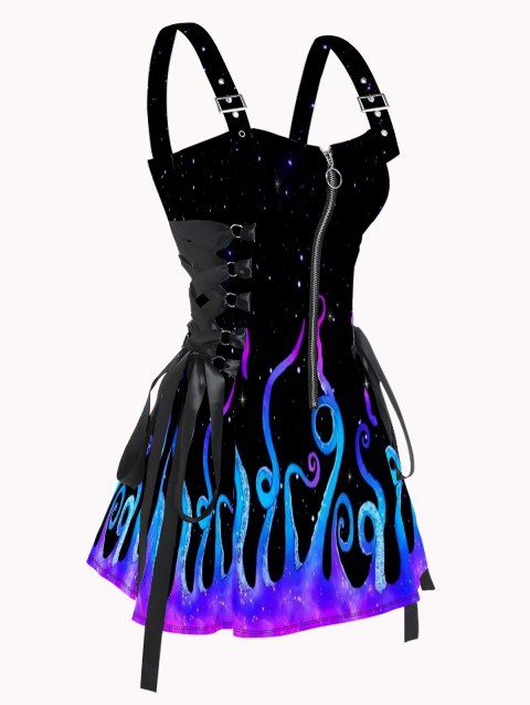 Galaxy Octopus Print Lace Up Mini Dress Half Zipper Adjustable Buckle Strap Dress