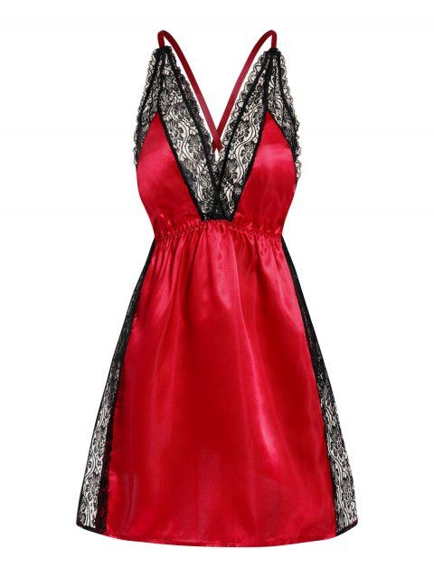 Flower Lace Panel Slit Lingerie Dress Plunging Neck Crossover Adjustable Straps Lingerie Dress