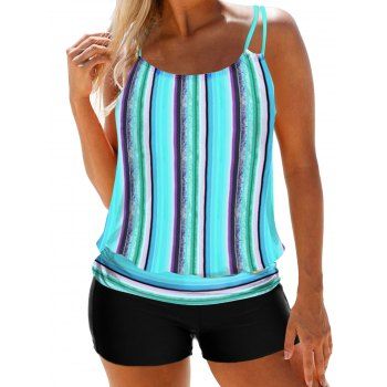 

Stripe Print Tankini Swimsuit Adjustable Straps Padded Tankini Two Piece Swimwear Boyleg Bathing Suit, Blue