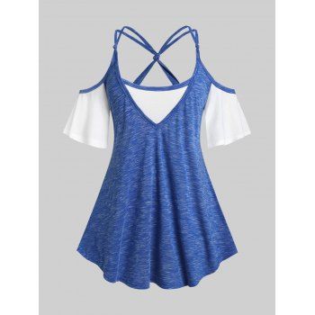 

Plus Size Cold Shoulder Strappy Space Dye Tee, Deep blue