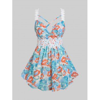 

Plus Size Boho Lace Crochet Floral Print Tank Top, Light blue