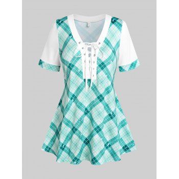 

Plus Size Lace Up Plaid Flared T-shirt, Green