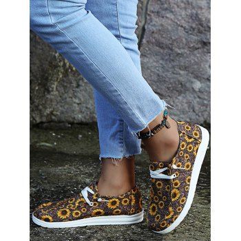 

Flower Print Lace Up Slip On Flat Shoes, Yellow