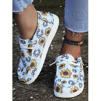 

Flower Print Lace Up Slip On Flat Shoes, White