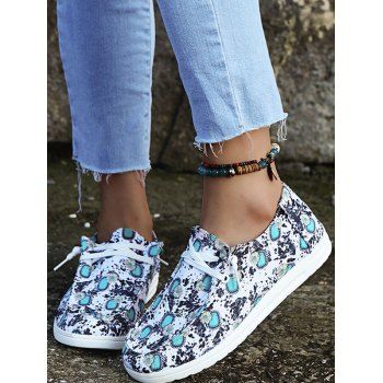 Flower Print Lace Up Slip On Flat Shoes, Blue
