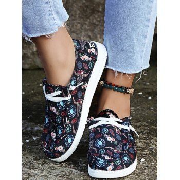 

Flower Print Lace Up Slip On Flat Shoes, Black