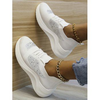 

Rhinestone Lace Up Casual Shoes, White