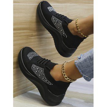 

Rhinestone Lace Up Casual Shoes, Black