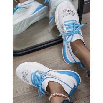 

Colorblock Rhinestone Lace Up Casual Shoes, Sky blue