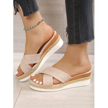 

Open Toe Crossover Slip On Wedge Slippers, Beige