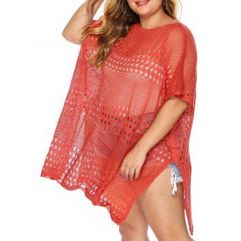 

Plus Size Crochet Cover-up Top Plain Color Hollow Out Slit Beach Cover-up Top, Red