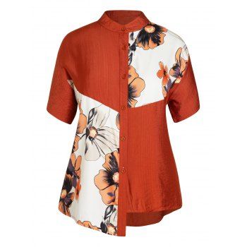 

Plus Size Shirt Contrast Colorblock Flower Print Stand Collar Short Sleeve Button Up Shirt, Coffee