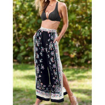 

Ethnic Style Pants Flower Printed Elastic High Waisted Slit Wide Leg Long Pants, Black